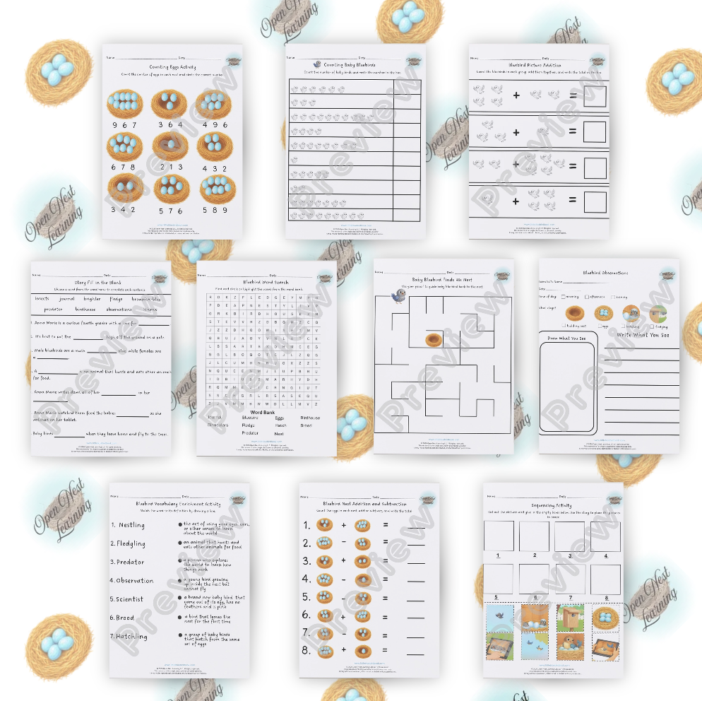 Collection of educational worksheets related to baby bluebird themes, including counting, matching, word search, crossword, and vocabulary activities, with illustrations of nests, eggs, and a baby bird.