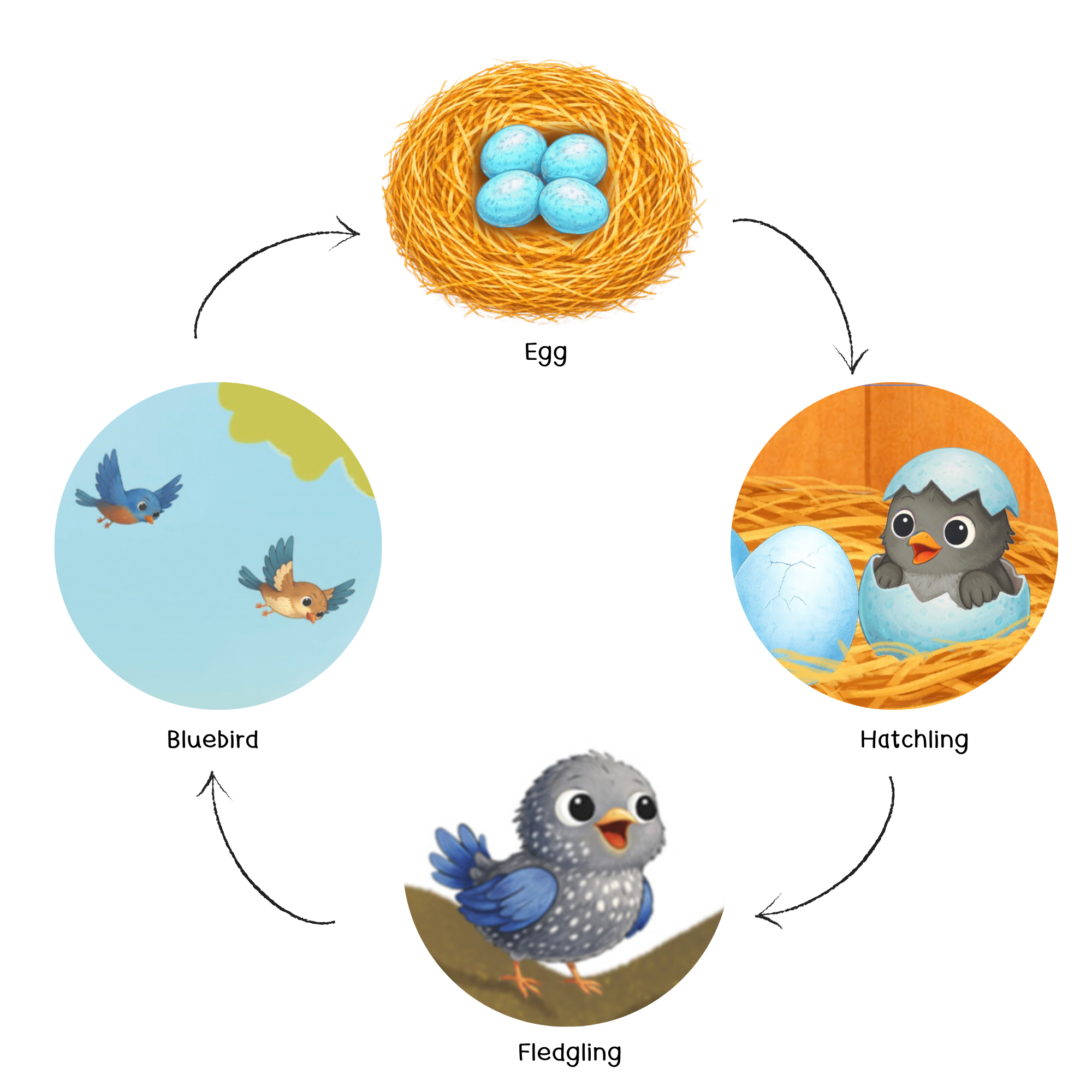 Illustration of a nest with four blue eggs, and birds flying around a hen hatching from an egg.