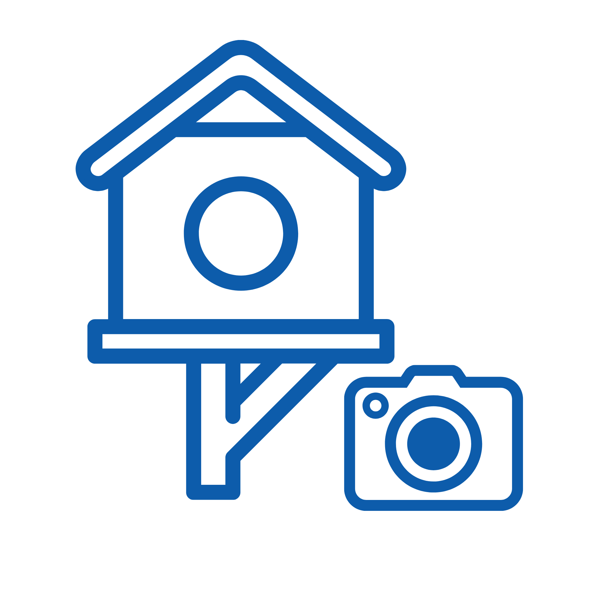 Blue line drawing of a house, a dog, and a wheelchair.