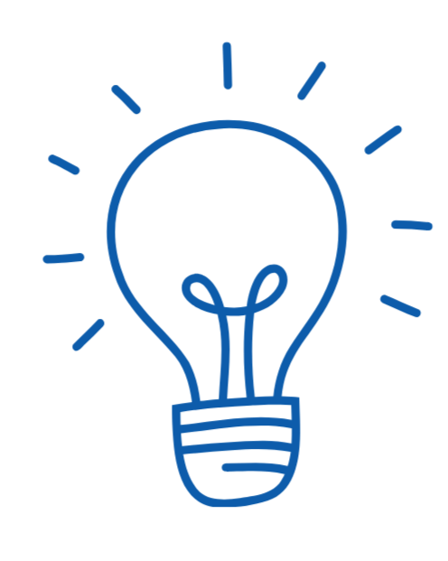 A simple blue line drawing of a light bulb with rays emanating from it.
