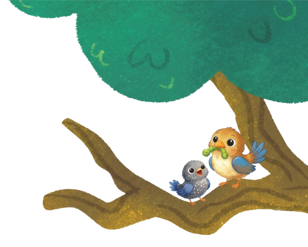 An illustration of two birds on a tree branch, onebird has a green caterpillar in its beak, and the other bird is blue and speckled.