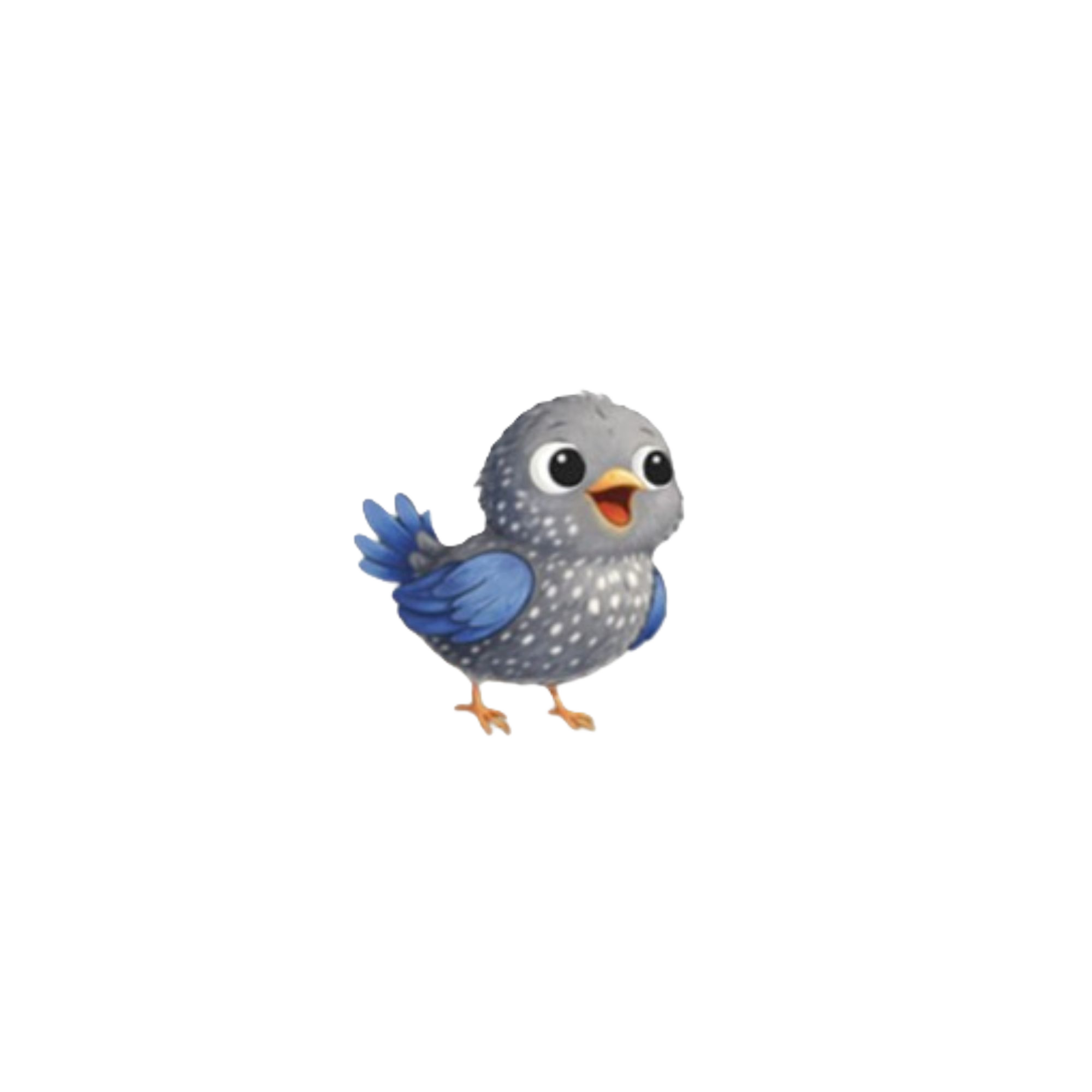 A cartoon bird with a gray head, blue wings and tail, and wide, expressive eyes standing on a flat surface, with a black background and a yellow and white line behind it.