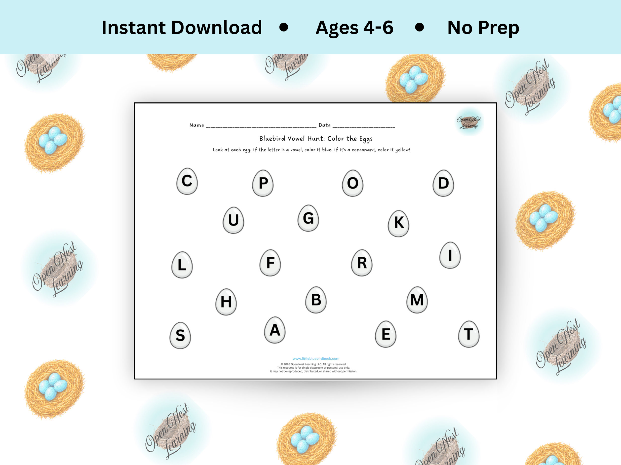 Bluebird Vowel Hunt: Color the Eggs