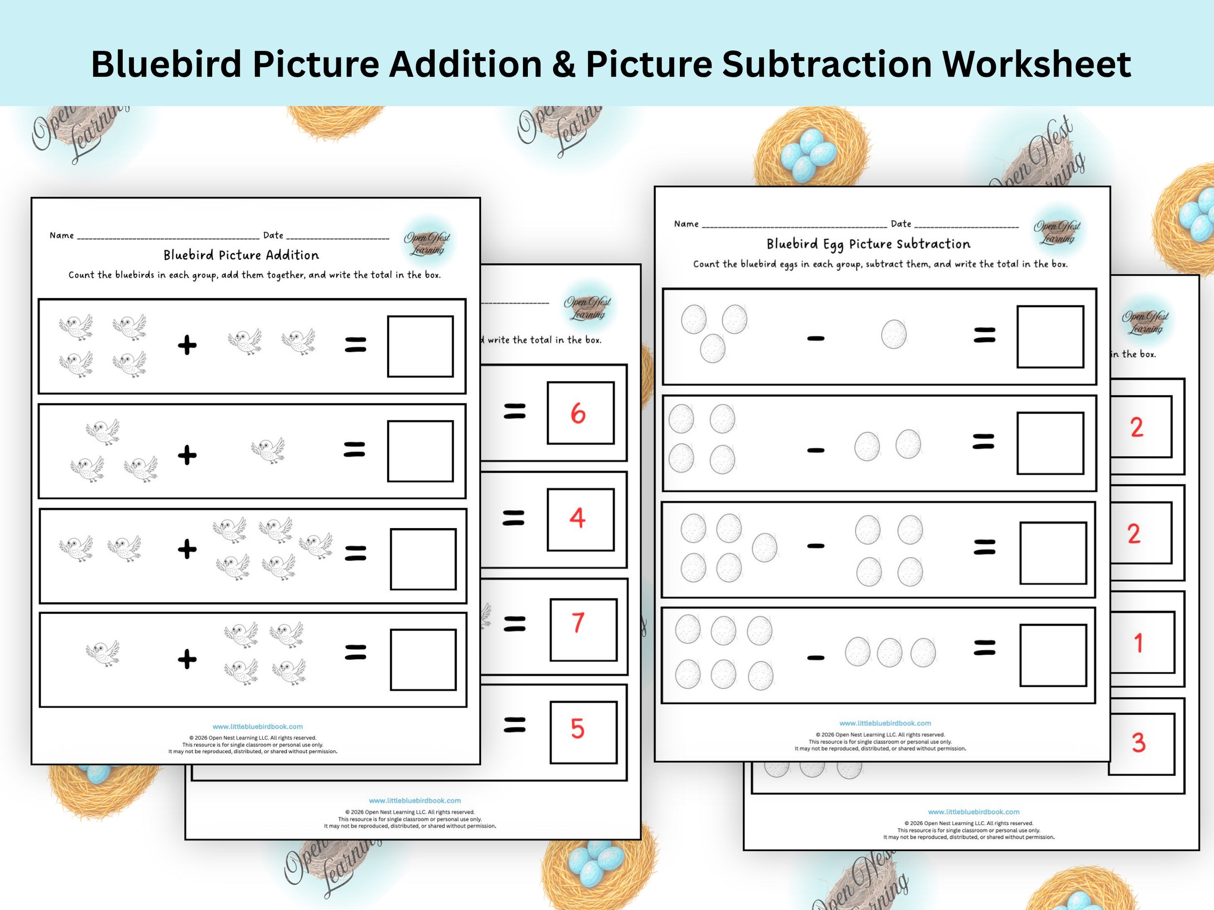 Bluebird Picture Addition & Egg Picture Subtraction Activity