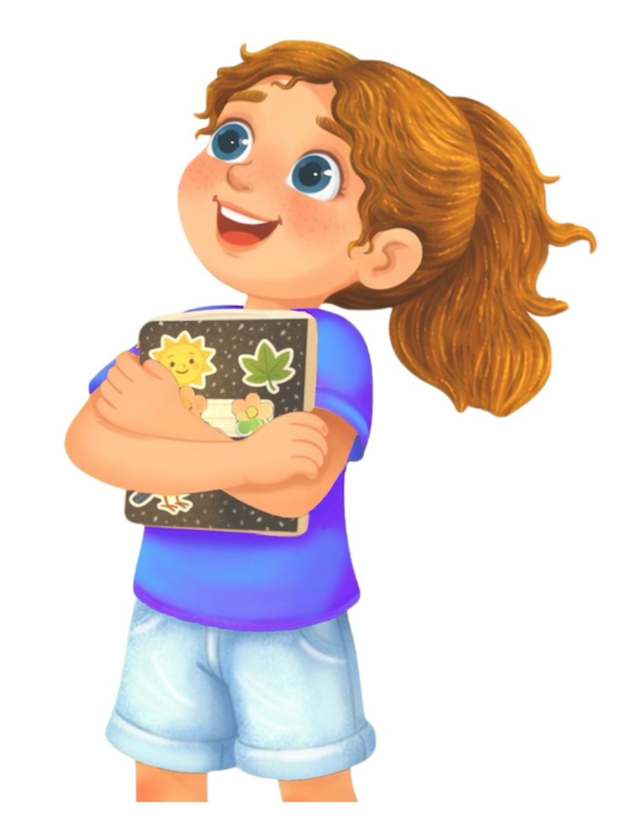 A cartoon girl with curly red hair, blue eyes, and freckles, smiling and holding a decorated notebook or tablet with stickers of a sun, a leaf, and flowers, wearing a blue t-shirt and shorts.