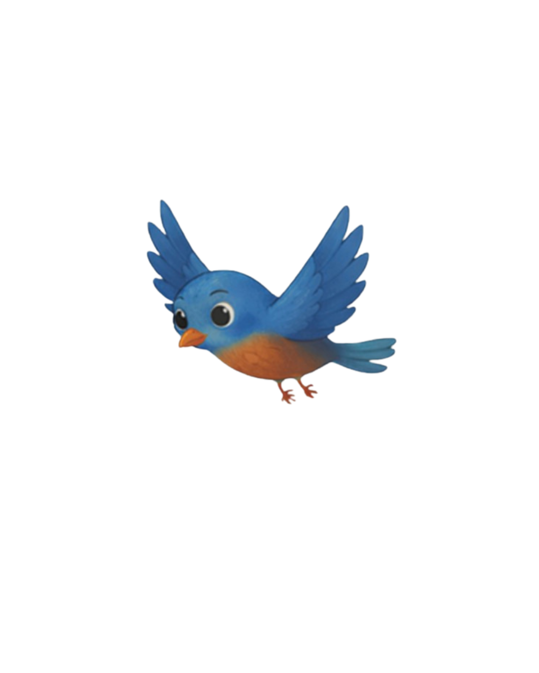 A cartoon blue bird with big eyes, orange beak, and orange belly, flying with wings spread.