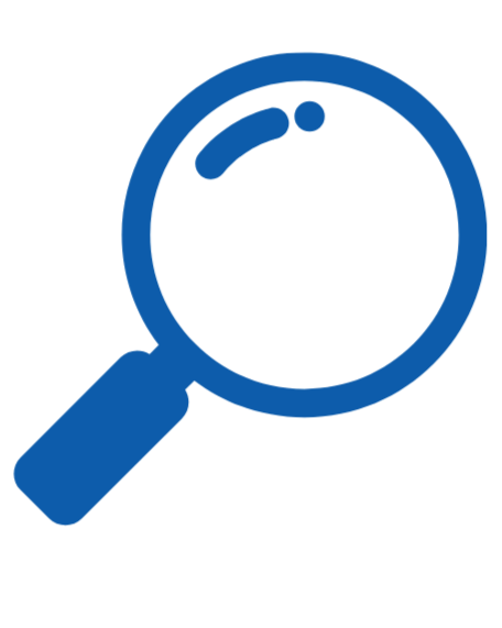 Blue magnifying glass icon on a black background