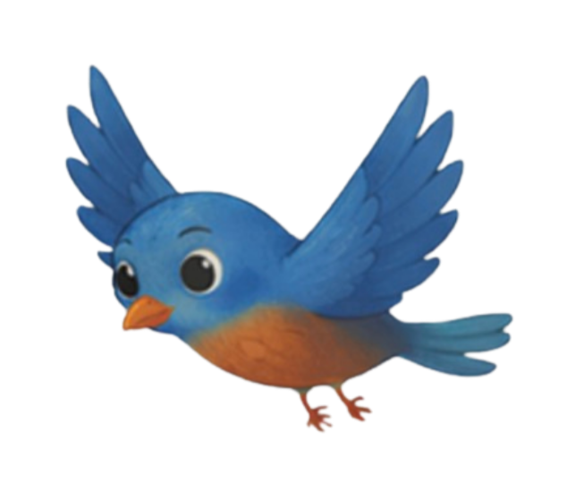 Cartoon blue and orange bird with large eyes and wings spread, facing forward.