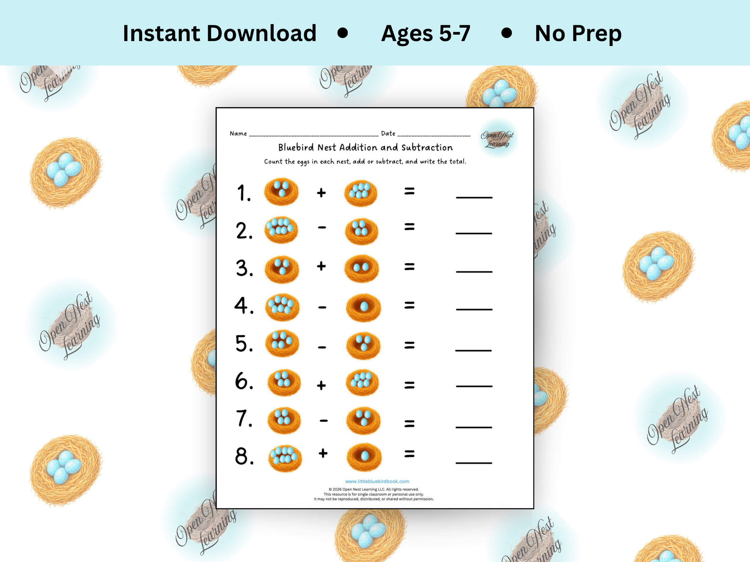 Bluebird Nest Addition & Subtraction Activity