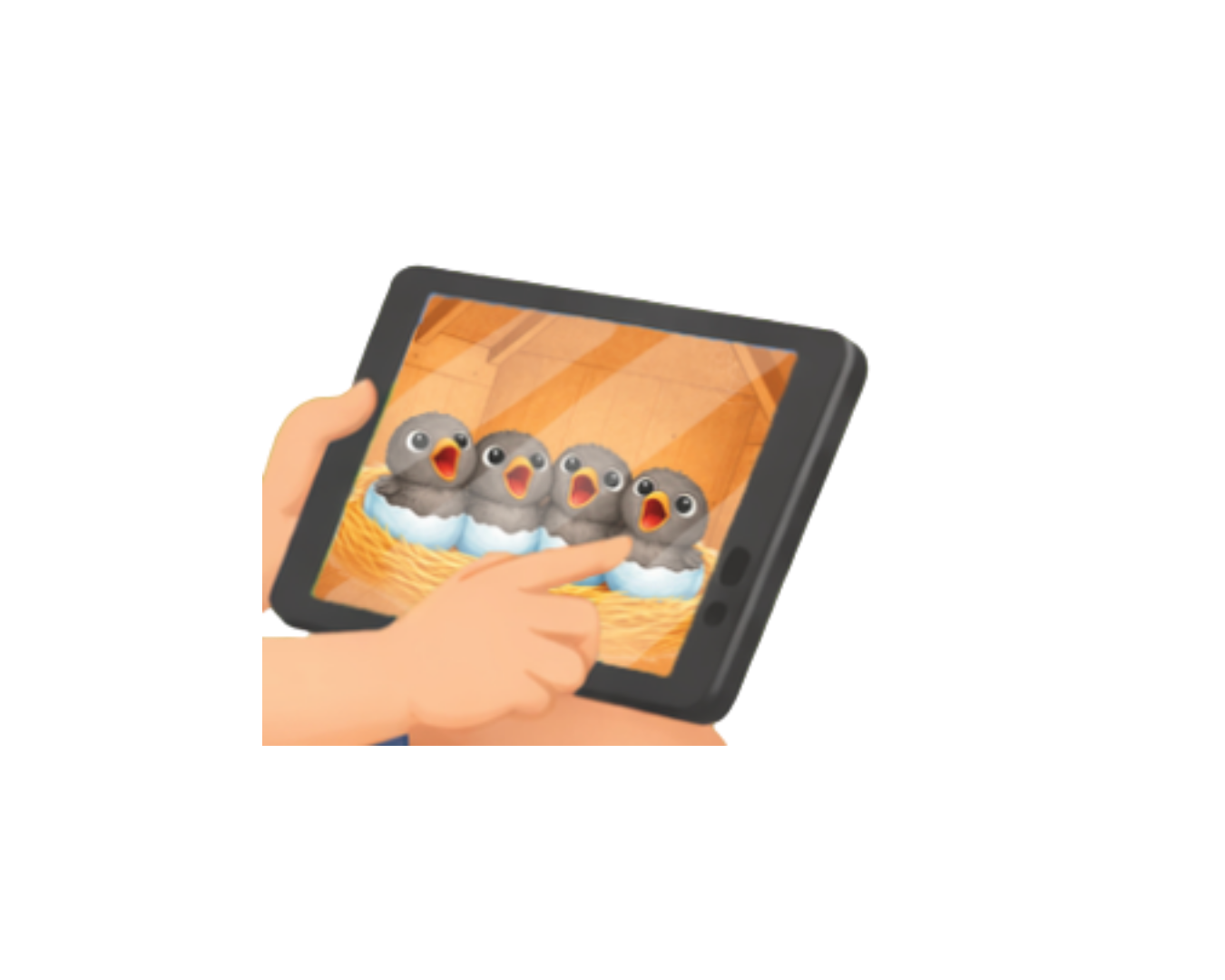 A person holding a smartphone displaying a picture of four animated baby birds in an egg basket, with open beaks and wide eyes.