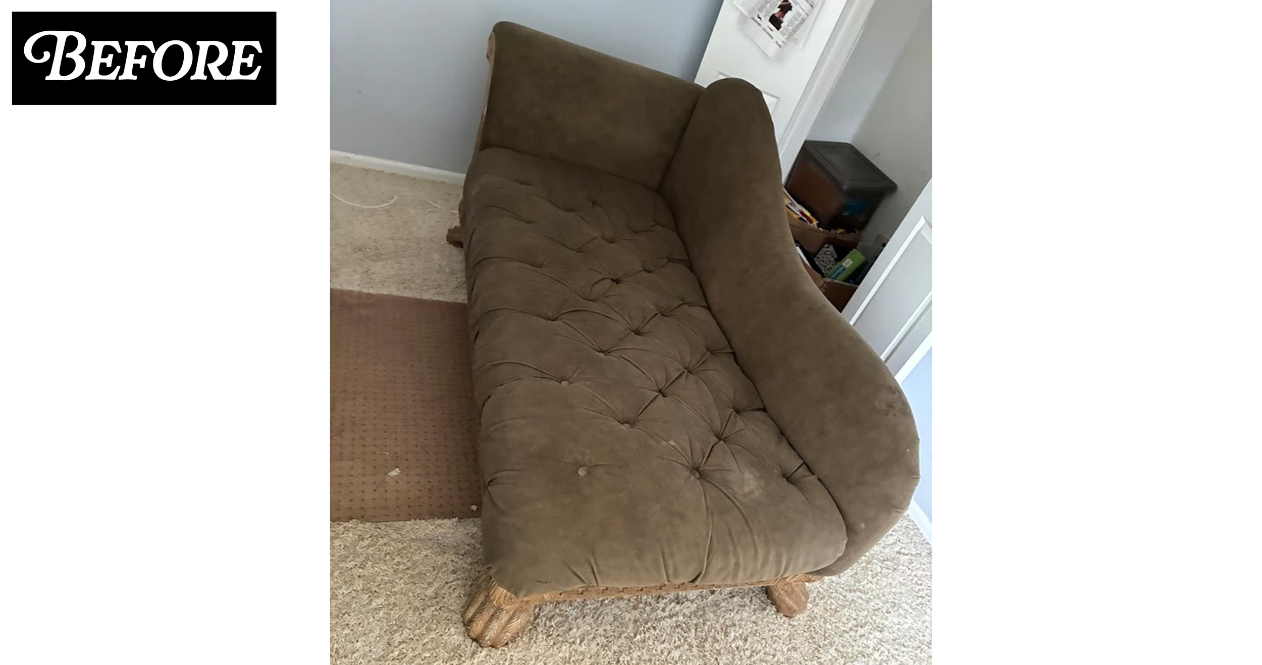 A brown tufted sofa with wooden legs is placed next to a beige carpeted floor and a light-colored wall. A small white table or shelf with papers and books is visible in the background.