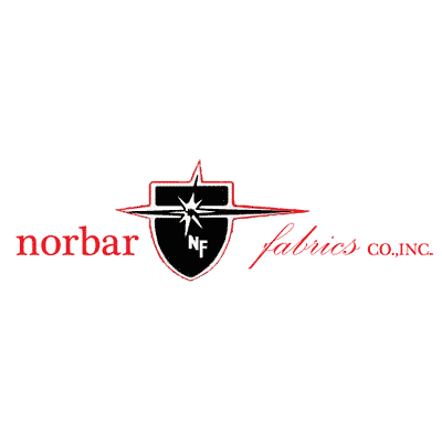 Logo for Norbar Fabrics Co., Inc. featuring a black shield with a white star and a red horizontal line, with 'norbar' in red lowercase letters on the left and 'fabrics co., Inc.' in red cursive on the right.