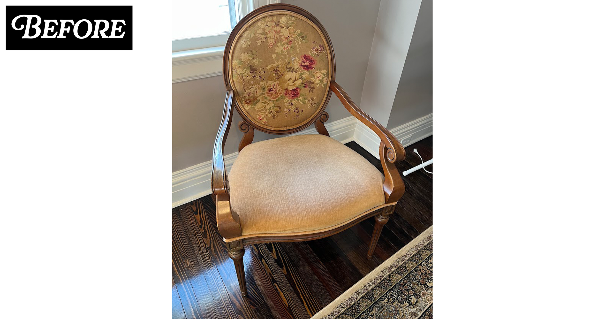 A vintage wooden chair with a floral upholstered backrest and a beige seat cushion, placed on a dark wood floor near a window and a corner of a room with crown molding.