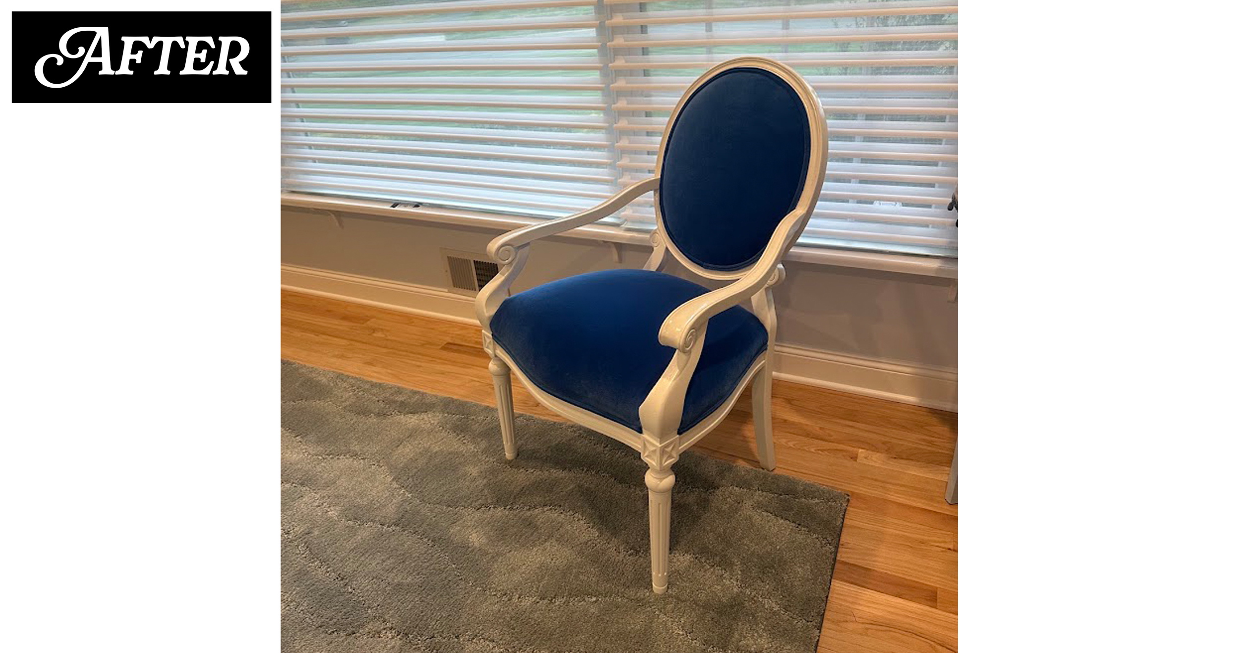A blue and white antique-style armchair with a tall, rounded backrest positioned by a window with blinds, on a hardwood floor and a gray area rug.