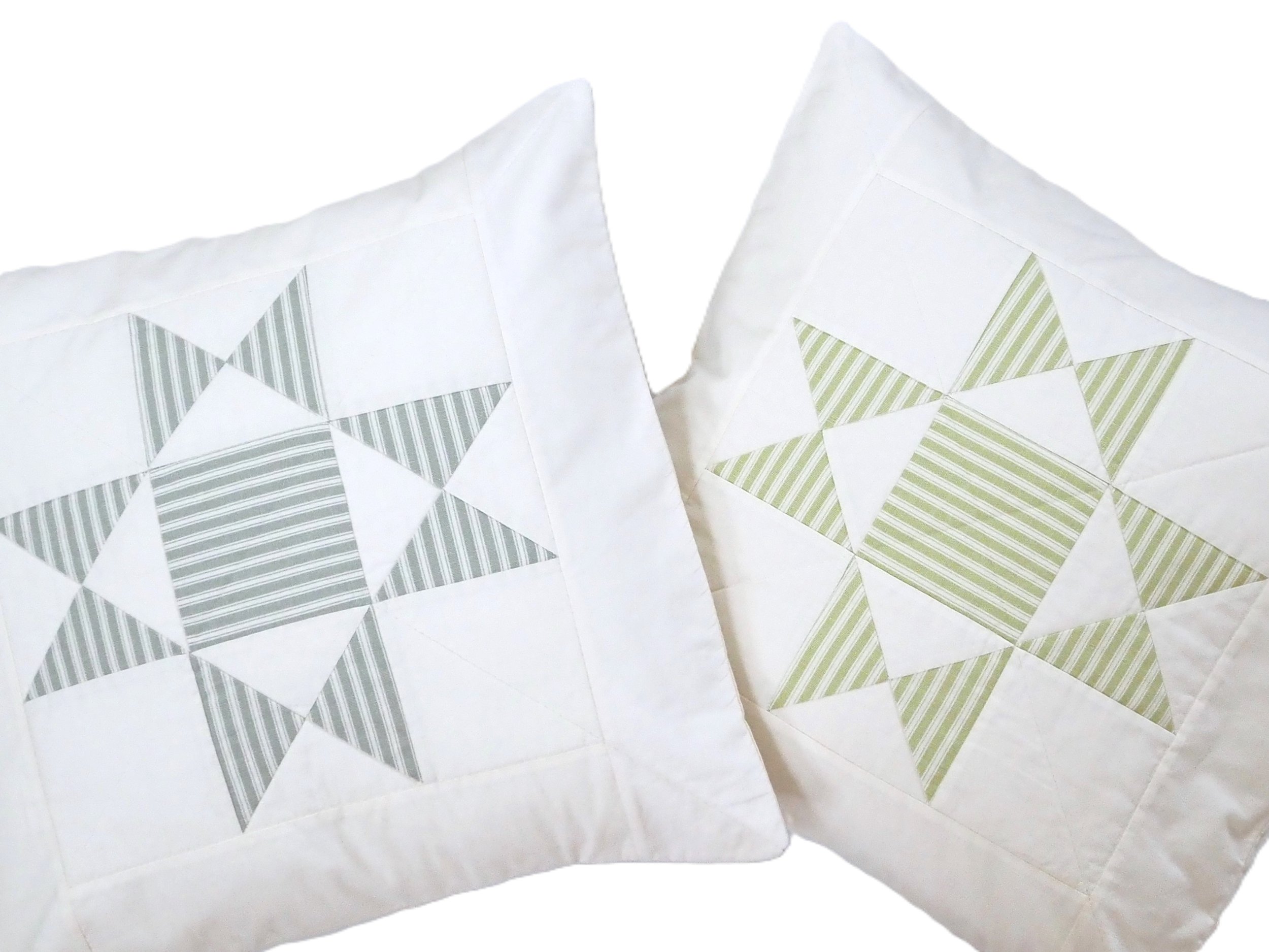 Front view of sage and green Ohio star patchwork quilted pillow cover 18x18
