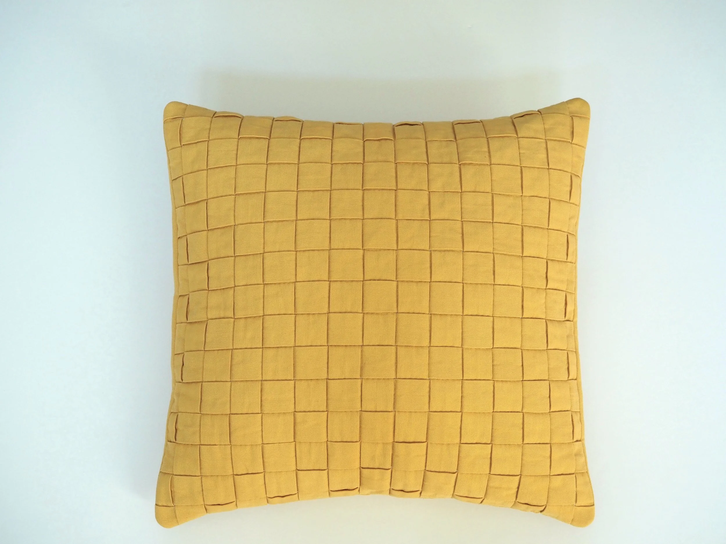 Handmade yellow ochre basketweave cotton throw pillow