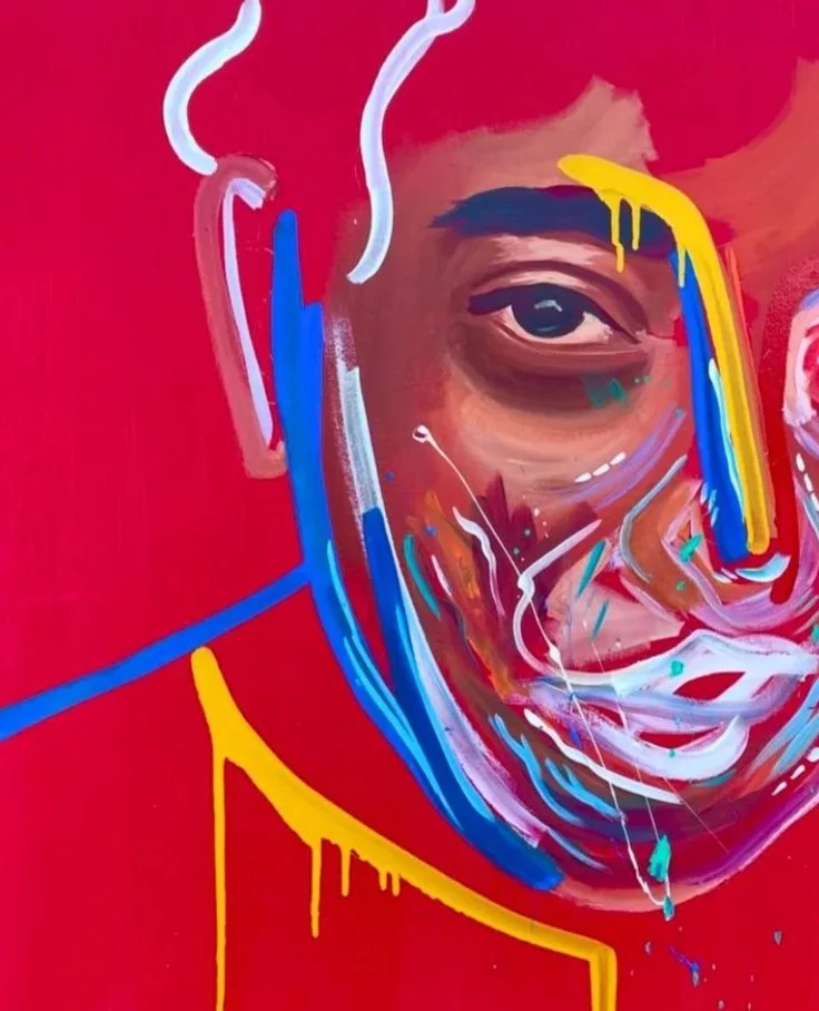 Abstract portrait of a person's face with a smiling expression, painted with vibrant colors including blue, white, yellow, and brown on a red background.