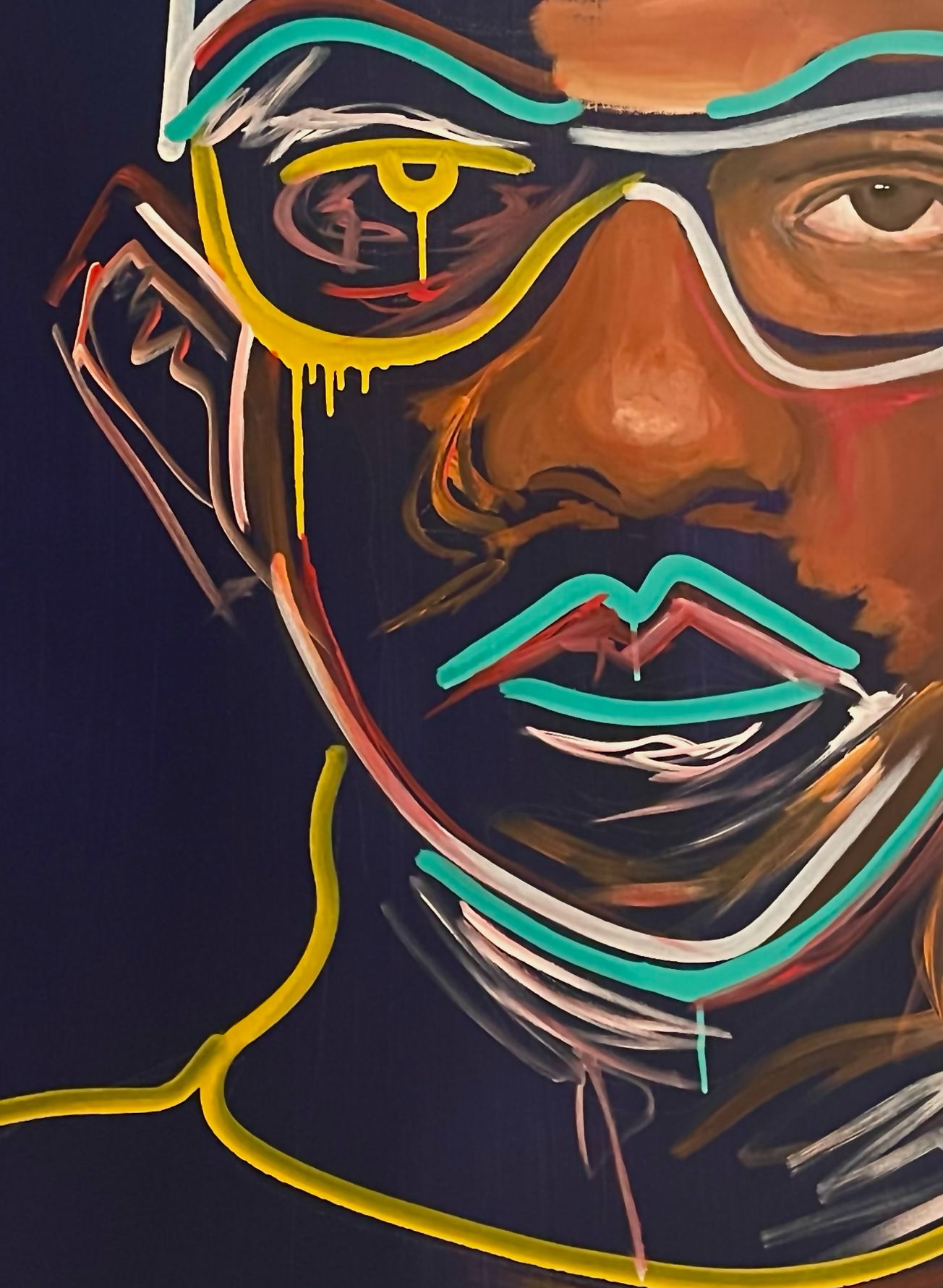 Neon-style artwork of a person's face wearing glasses, with colorful lines emphasizing facial features, including eyes, nose, and lips, against a dark background.