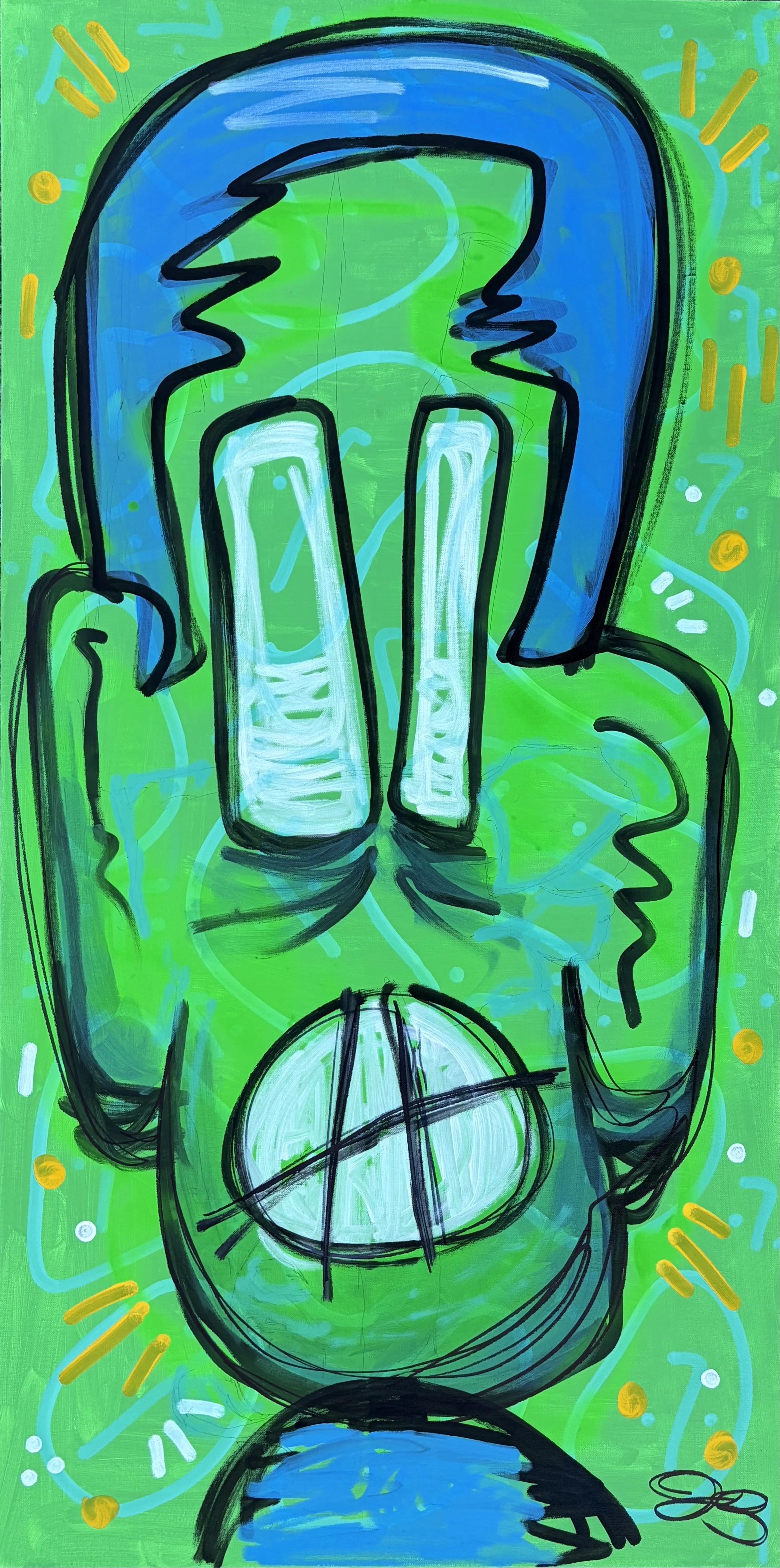 A colorful abstract painting of a person. The background is predominantly green with blue and yellow accents, creating a lively and energetic scene.