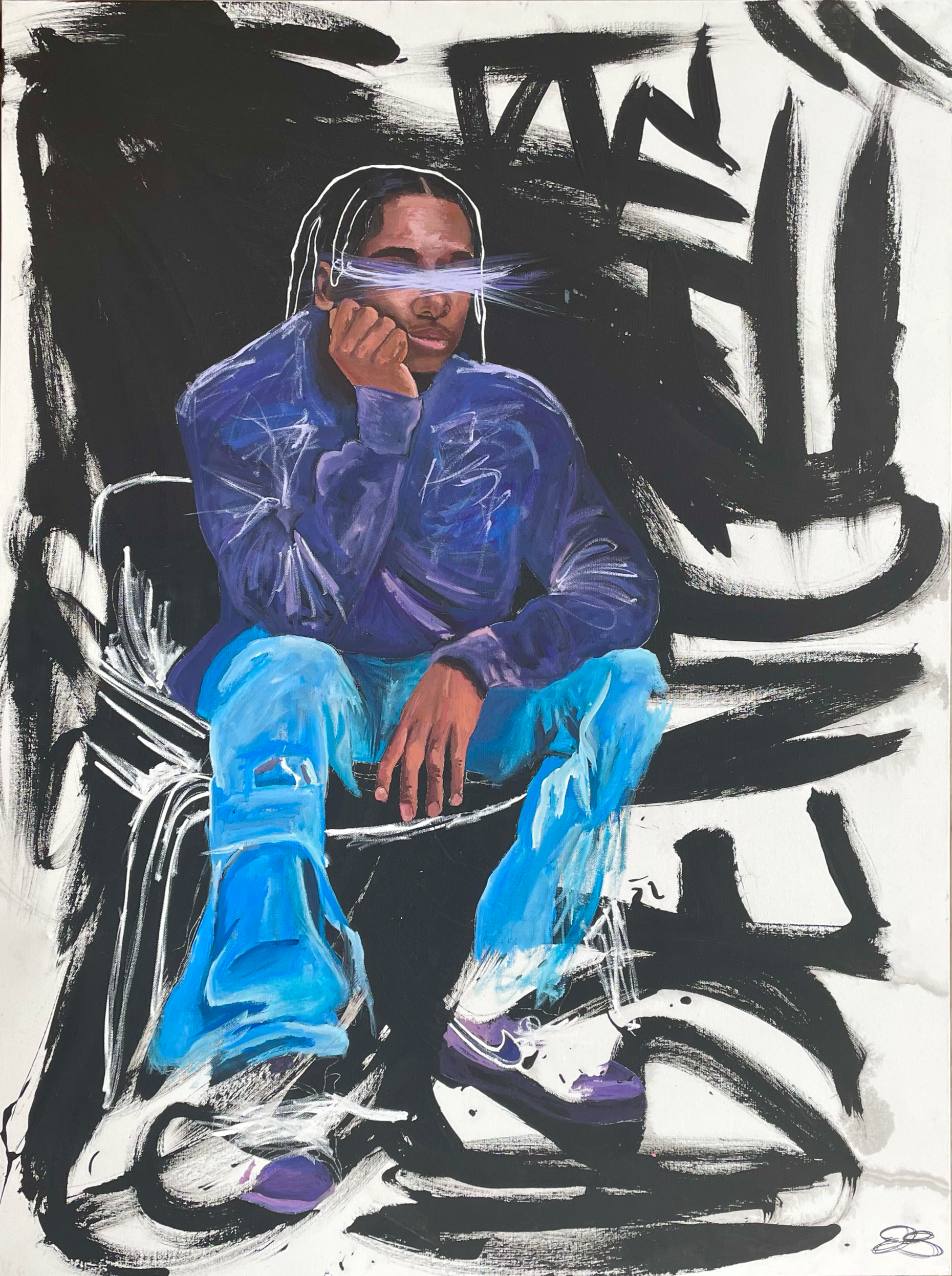 A painting of a person sitting on a chair with a contemplative expression, wearing a purple hoodie and blue jeans, with a black and white abstract background.