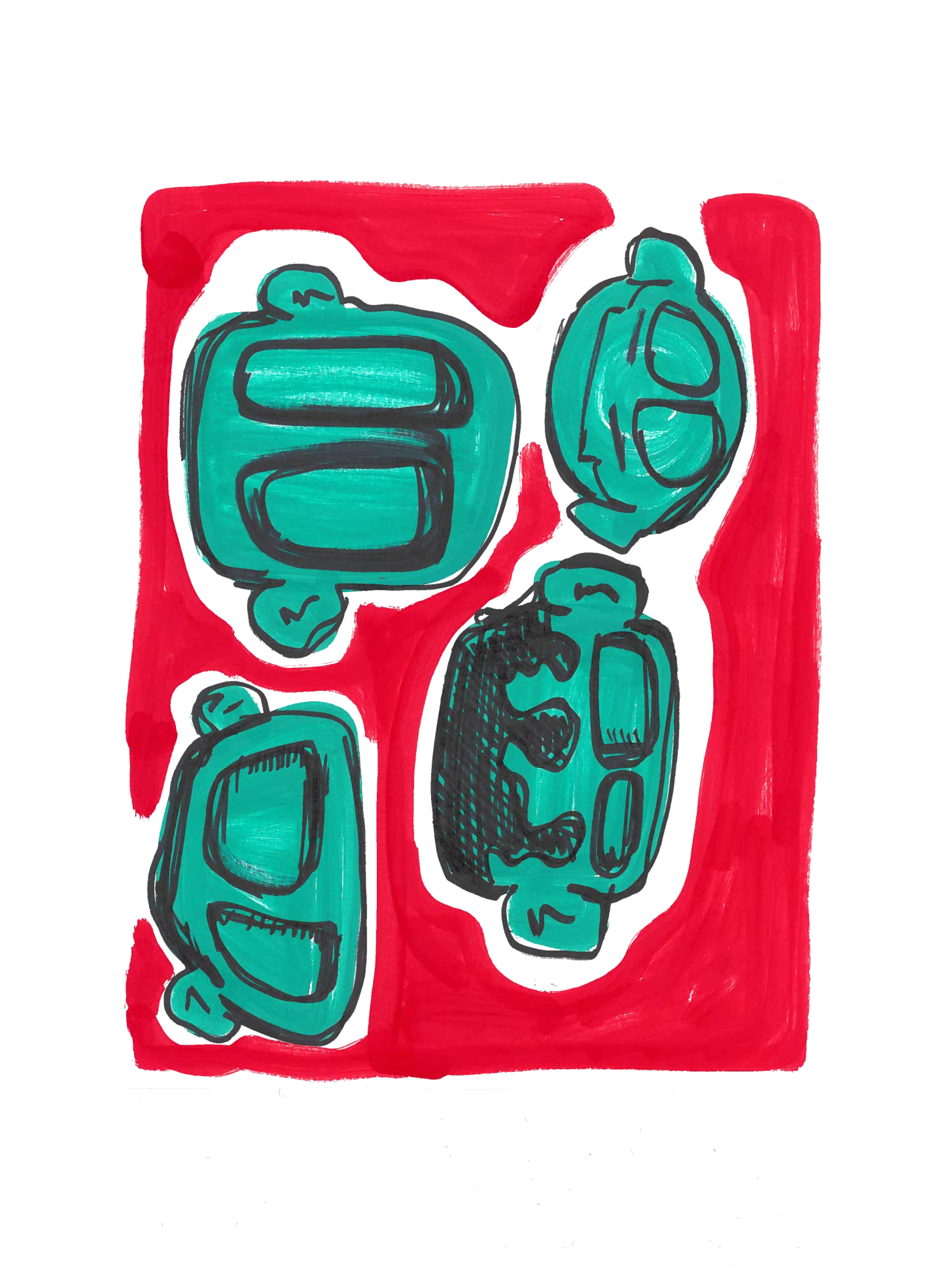 Colorful abstract drawing of multiple teal backpacks with black outlines on a red background.