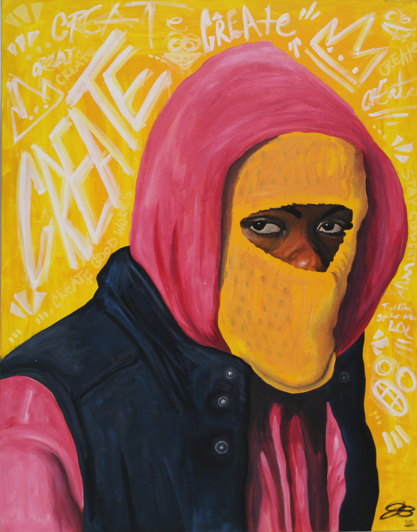 An abstract portrait of a person wearing a pink hoodie and a black sleeveless jacket with a yellow face covering that has an eye hole revealing dark-eyed eyes. The background is bright yellow with white graffiti-style text and symbols, including words like 'CREATE,' 'GREAT,' and phrases about creating and good work.