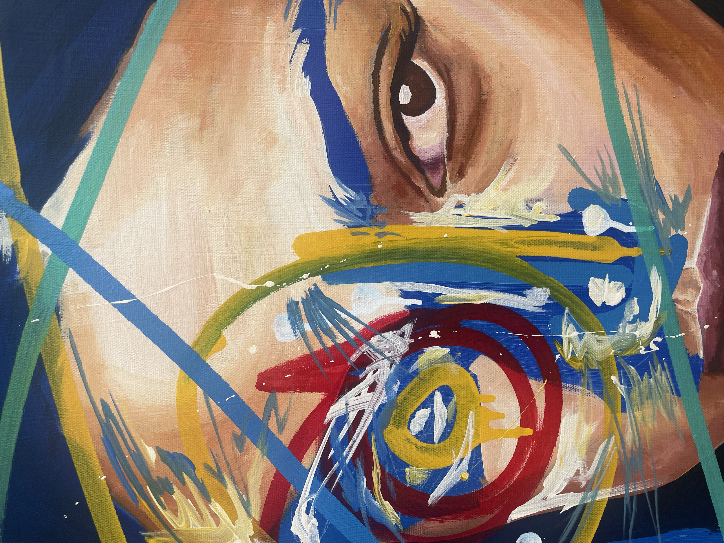 Close-up of an abstract painting of a person's eye and face, with colorful swirling patterns and bold brushstrokes.