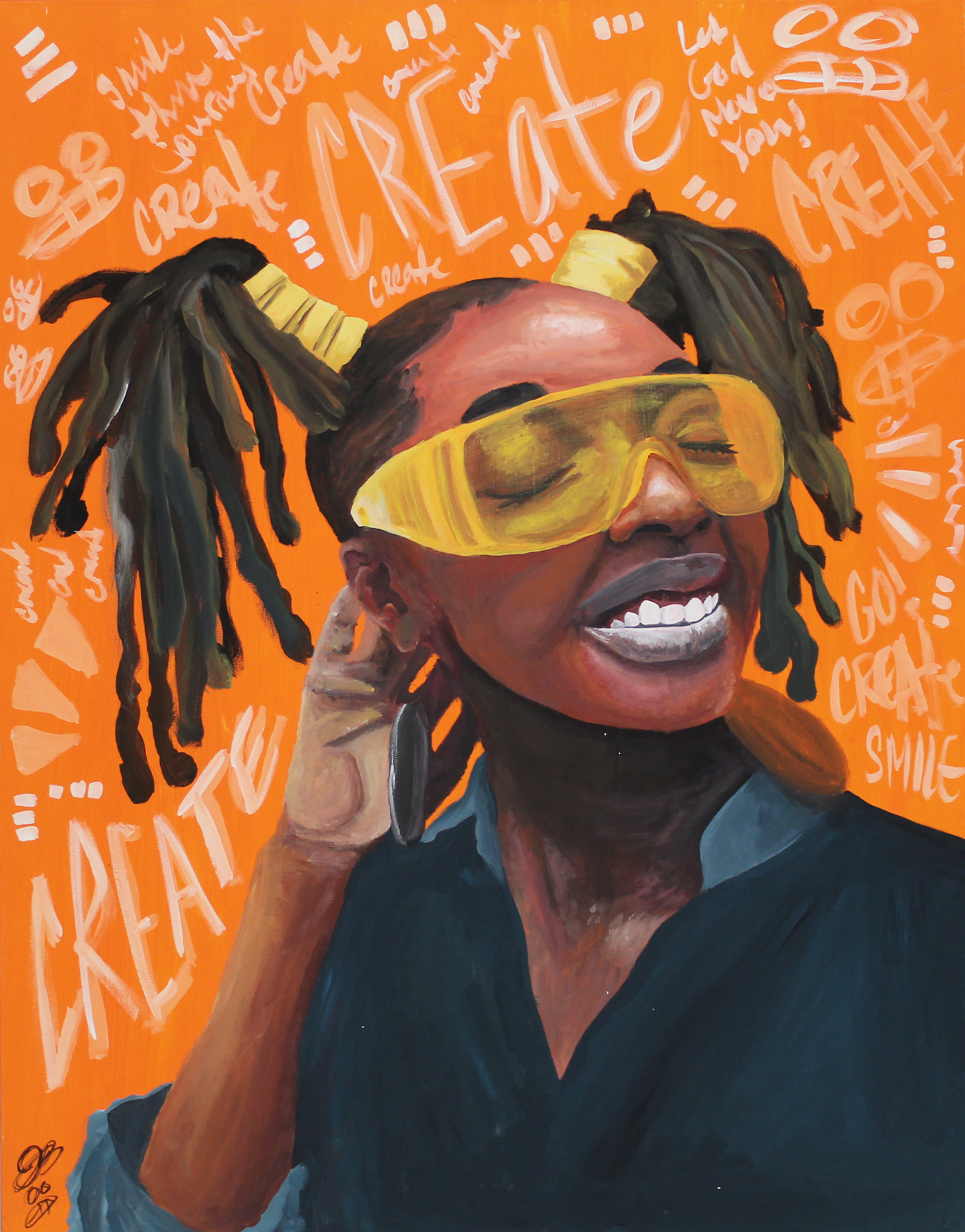 A colorful painting of a smiling woman with dark skin and dreadlocks wearing yellow sunglasses, a blue shirt, and earrings, set against an orange background with white handwritten words like 'create,' 'smile,' 'good,' and 'crack' scattered around.