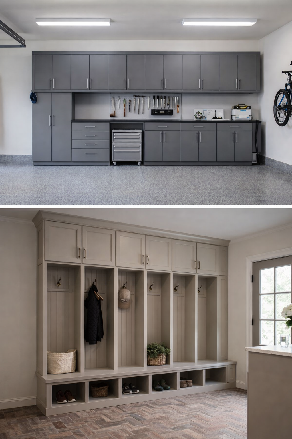 Finished mudroom and garage with built-in storage