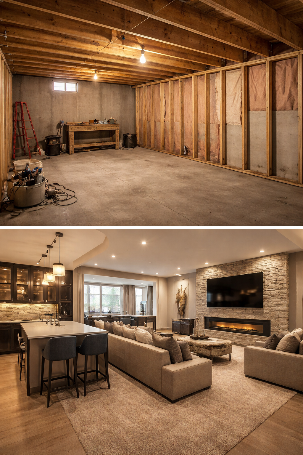 Comparison of an unfinished basement with exposed wood framing and construction tools, and a finished living room with a fireplace, television, and comfortable seating.