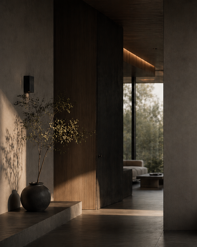 Interior of a modern home featuring a dark vase with a branch on a ledge, soft lighting, wood and concrete walls, and a glimpse of a living area with large windows and natural scenery outside.