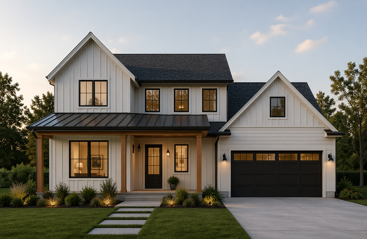 A modern two-story house with white vertical siding, black-framed windows, and a black garage door. The front porch has wooden columns, a black front door, and warm lighting, with a landscaped lawn and pathway leading to the entrance.