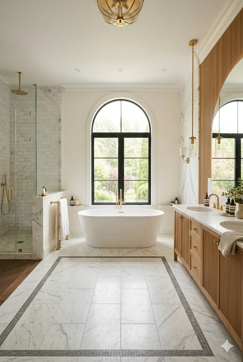 A bright and elegant bathroom featuring a freestanding bathtub in front of a large arched window with black framing, a wooden vanity with gold fixtures, a marble-topped sink, and a glass-enclosed shower with white brick tiles, all with a marble and wood floor design and modern lighting fixtures.