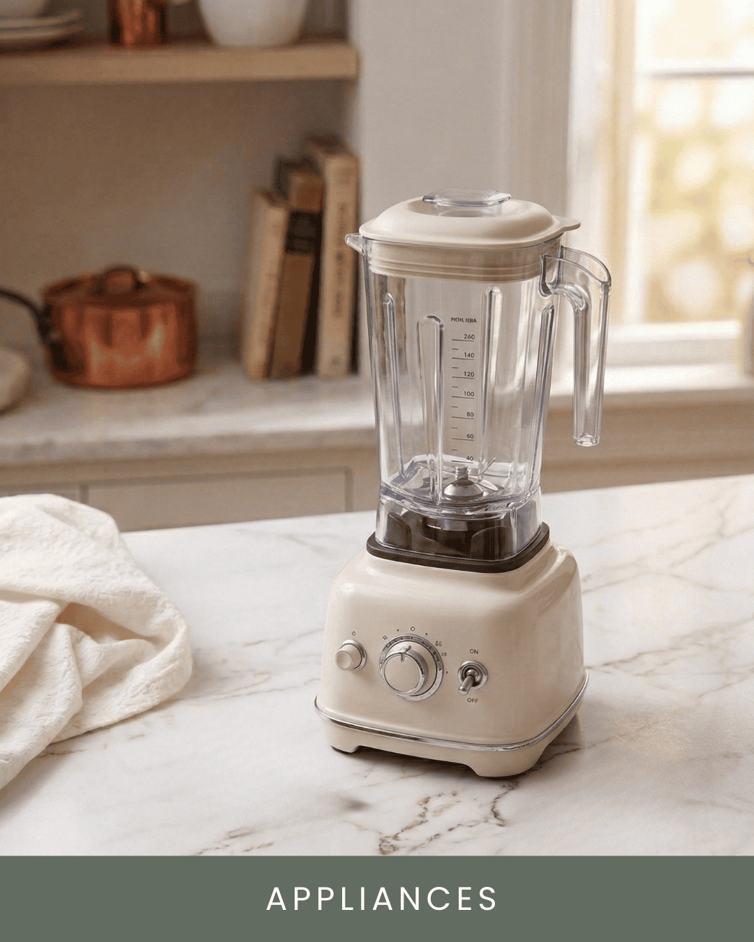 A vintage white blender with a glass jar on a marble kitchen counter, with a towel nearby and a window in the background.