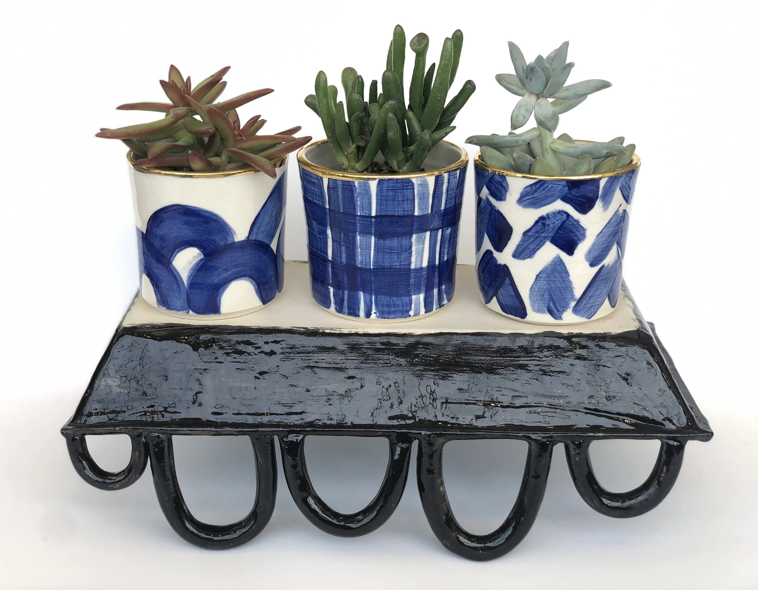 Three small potted succulents on a black wrought iron tray with a white background.