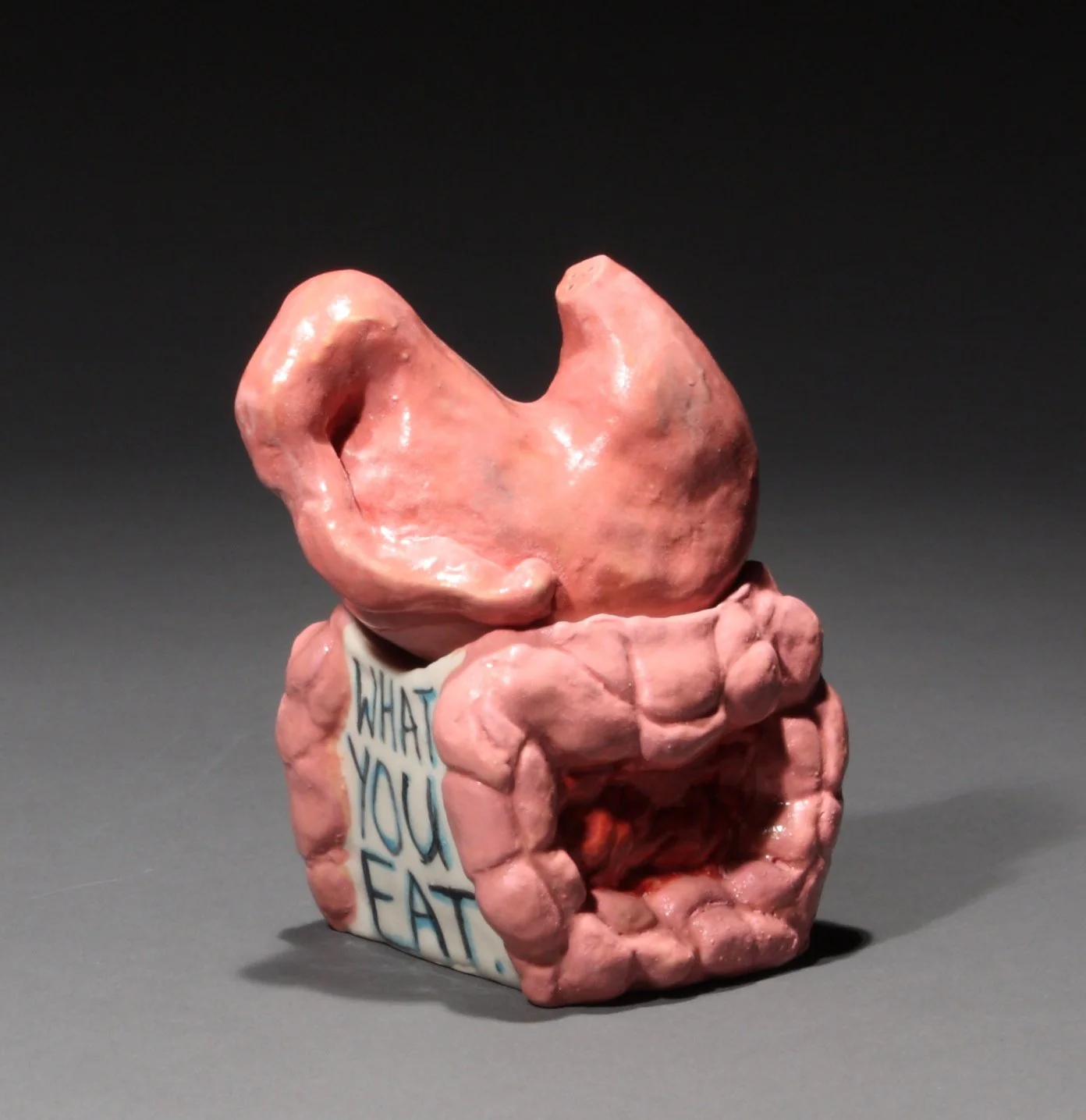 A pink ceramic sculpture featuring an abstract face with a large nose and a hollow opening below, with the words 'WHAT YOU EAT' written on the side.
