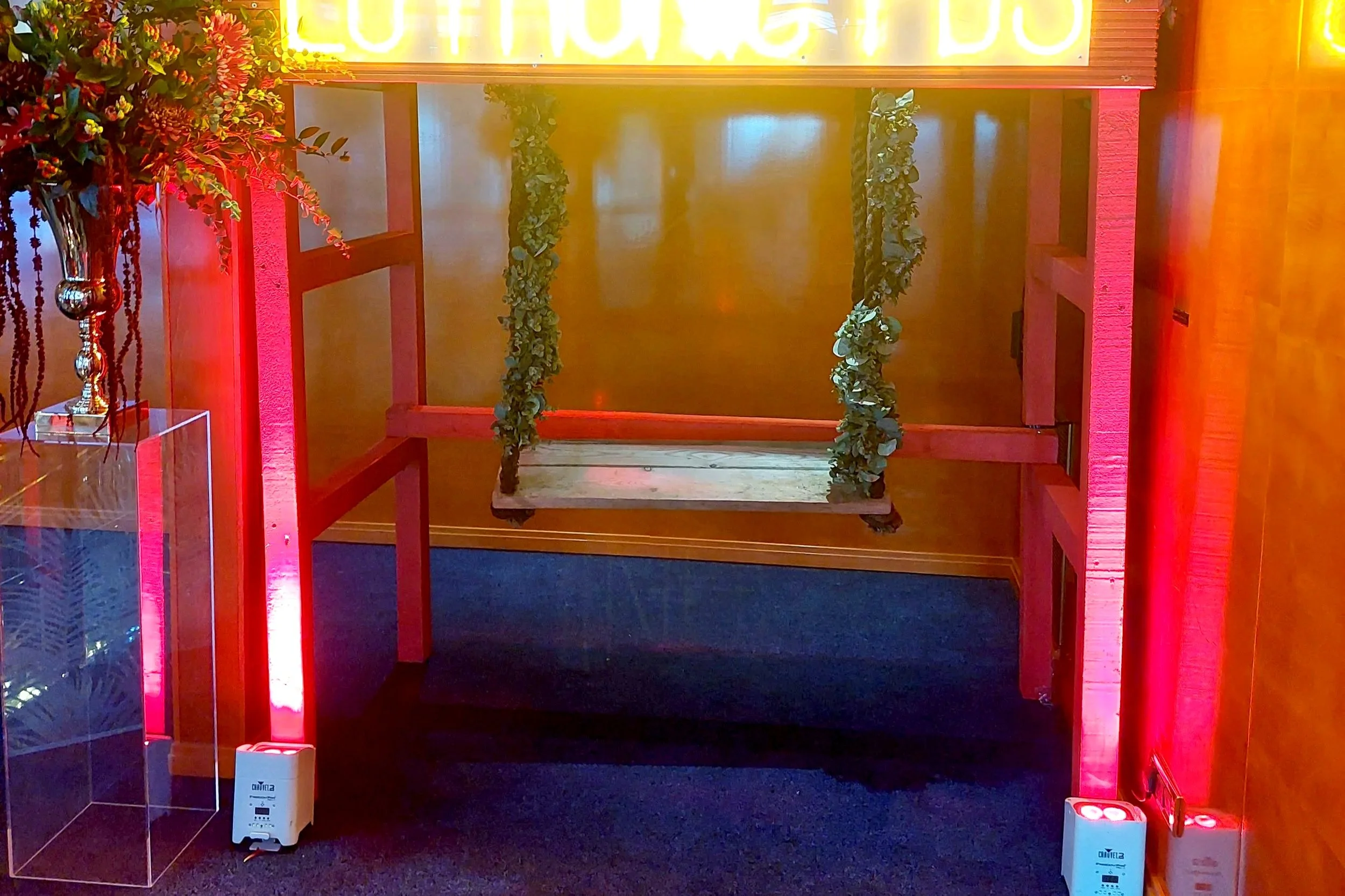 Bespoke floral swing installation created for the celebration