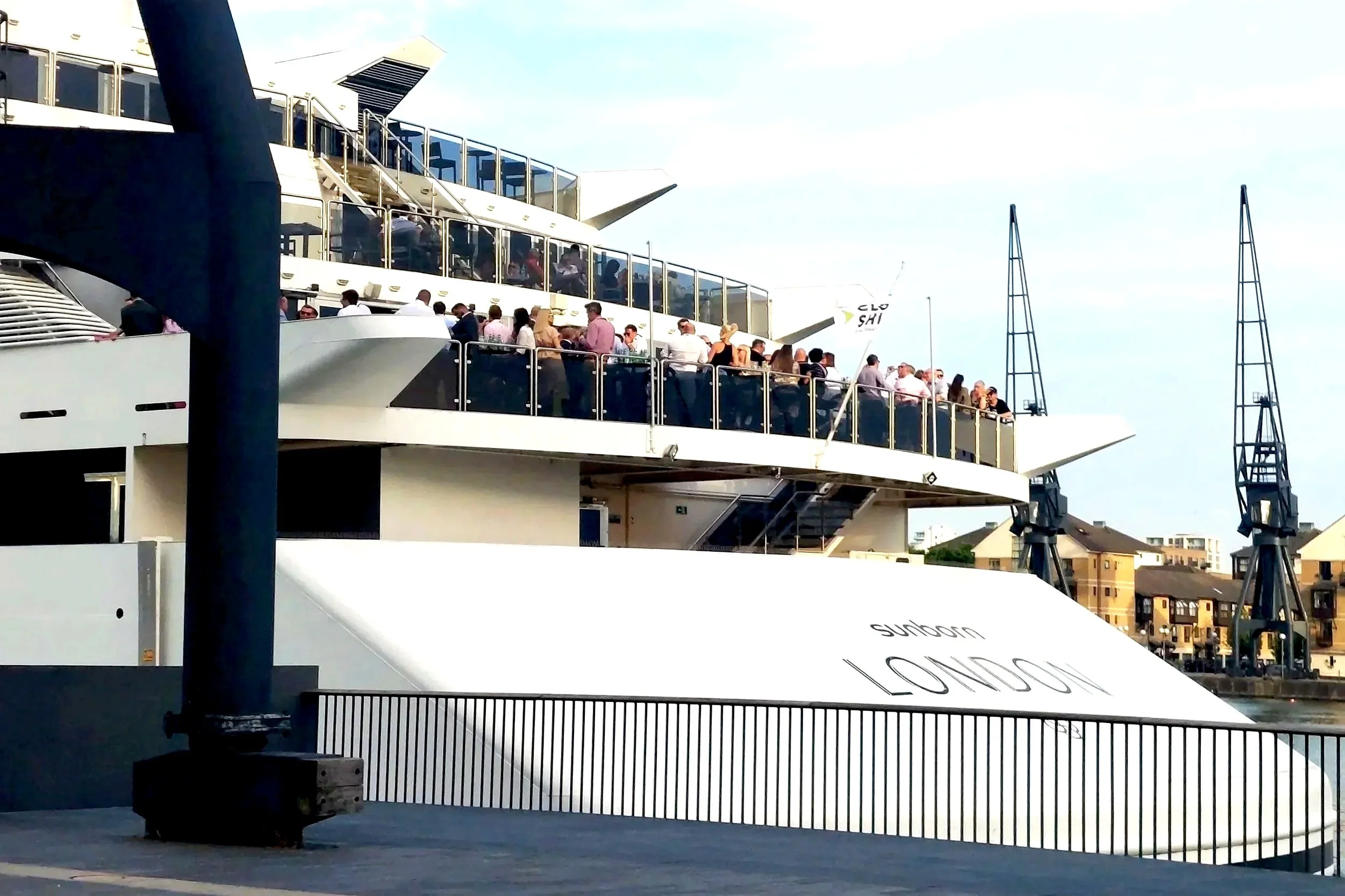 Guests gathering on the Sunborn London deck beside the Thames