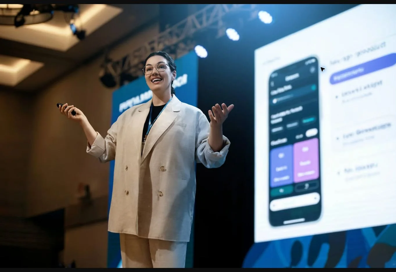 Presenter introducing a new product at a professionally produced brand event