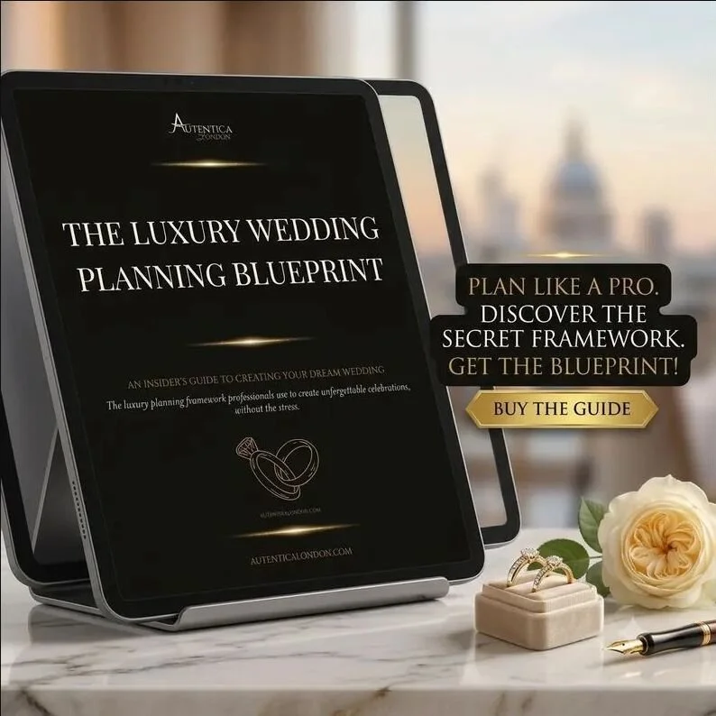The Luxury Wedding Planning Blueprint shown on a tablet with wedding rings and a cream rose.