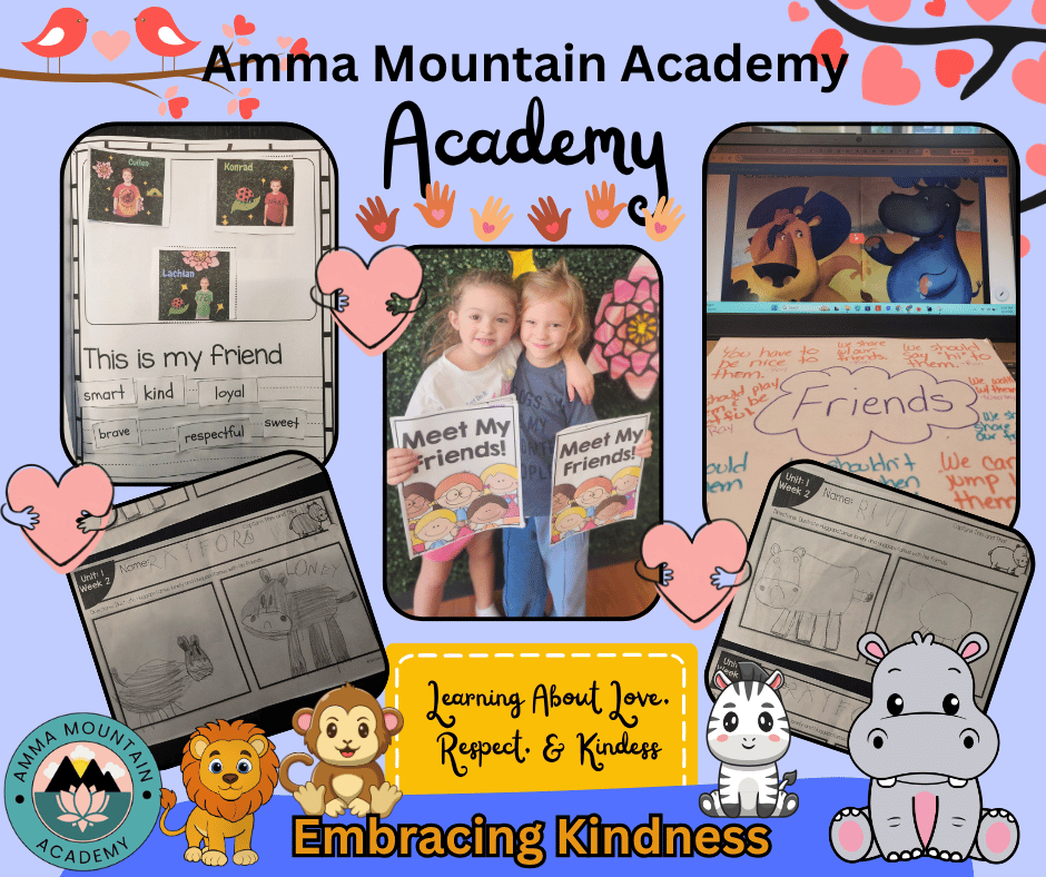 A colorful collage promoting Amar Mountain Academy with photos of children, drawings, and handwritten notes emphasizing kindness, friendship, and respect. There are decorative hearts, animals, and the school logo at the bottom left.