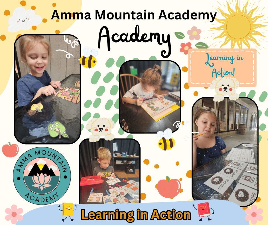 Children engaged in various educational activities at Ammma Mountain Academy, with colorful decorations including flowers, bees, and a sun, emphasizing learning in action.