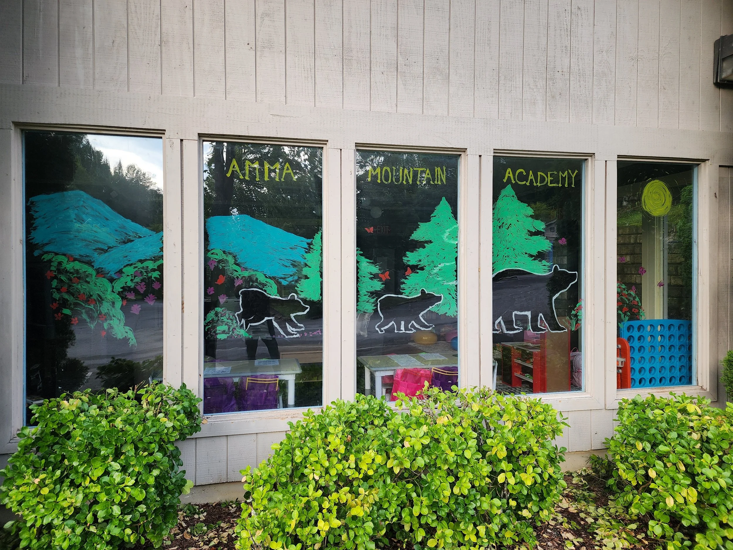 Window display with painted mountains, trees, a bear silhouette, and the words 'Anna Mountain Academy' on the glass, with green bushes in front of the building.