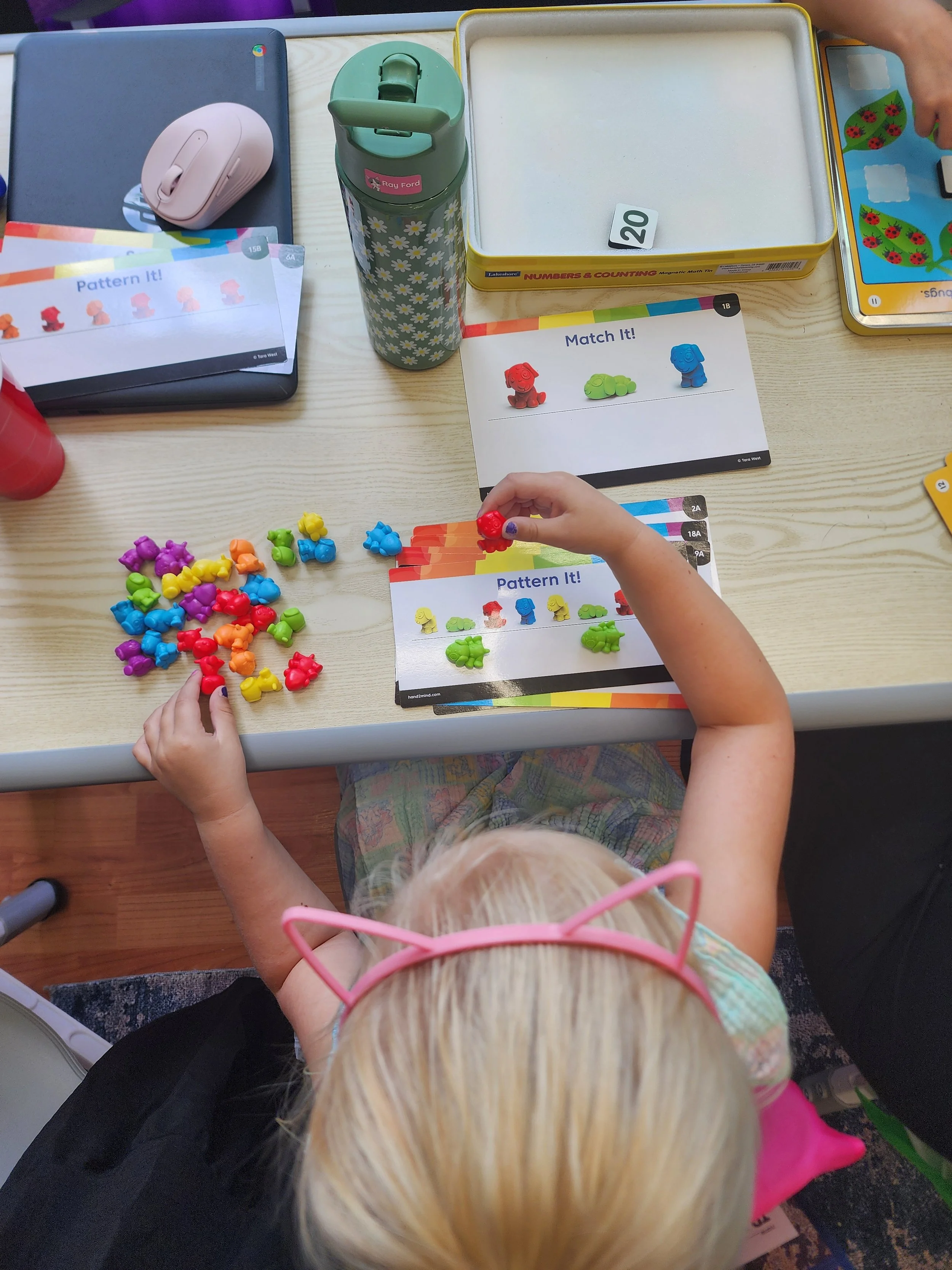 A top-down view of a child's hands holding colorful toy animals, with matching cards on the table depicting similar animals, and various other educational items.