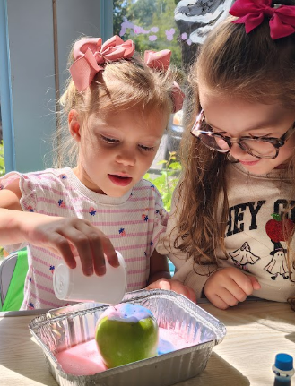 Two young girls with bows in their hair observe a green apple in a foil tray filled with colored water, participating in an activity.