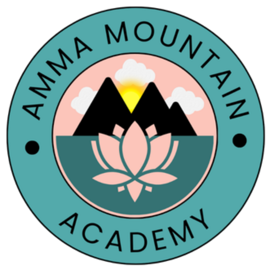 Logo of Amama Mountain Aacademy featuring mountains, a lotus flower, and a sun with clouds.