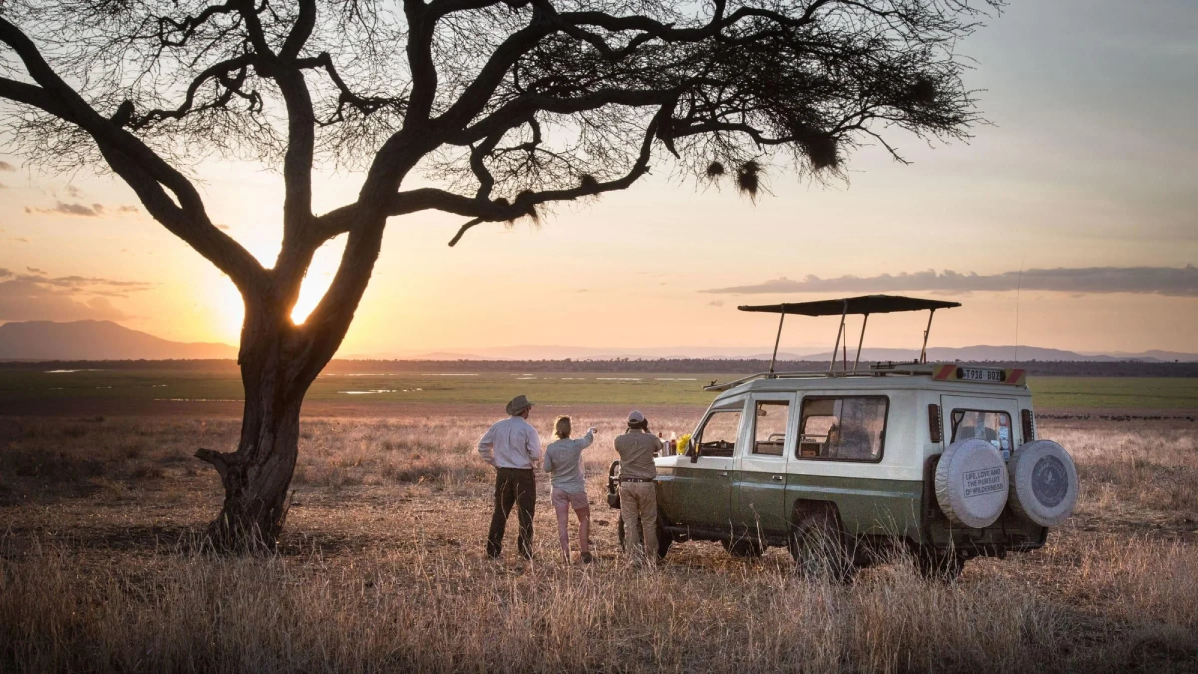 A group of four people standing next to a safari vehicle in an open field during sunset, with a large leafless tree in the foreground.