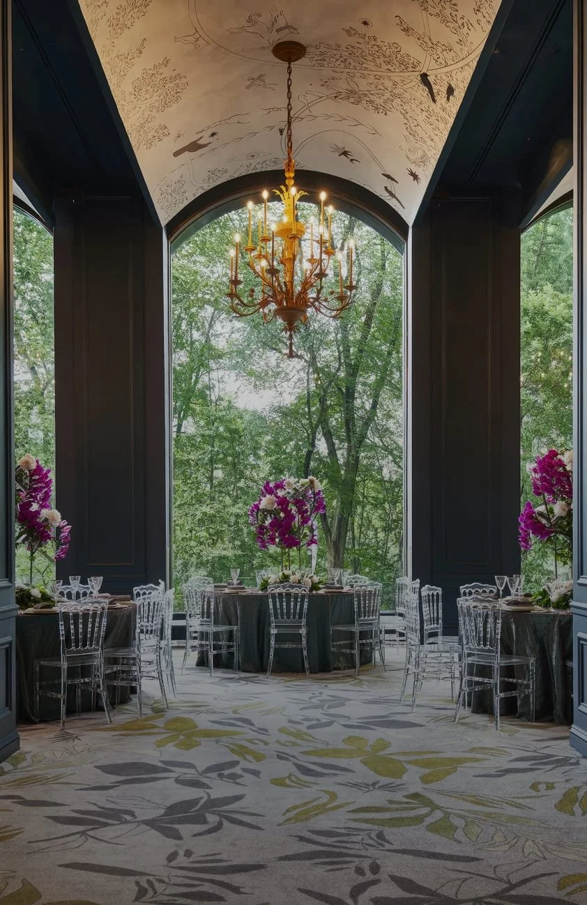 Elegant dining room with tall arched windows overlooking a green wooded landscape, featuring a chandelier, floral centerpieces, and clear ghost chairs around round tables.