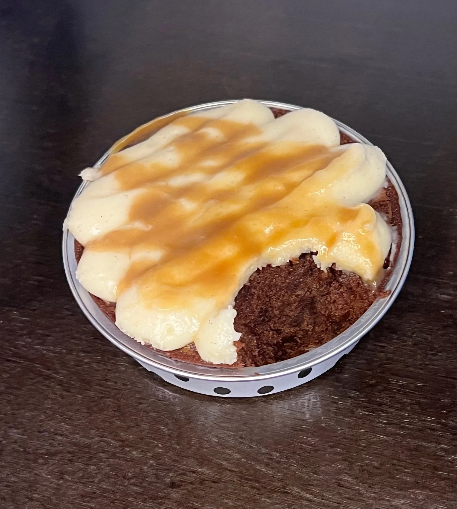 Brownie Topped with White Chocolate Ganache and Butterscotch Drizzle
