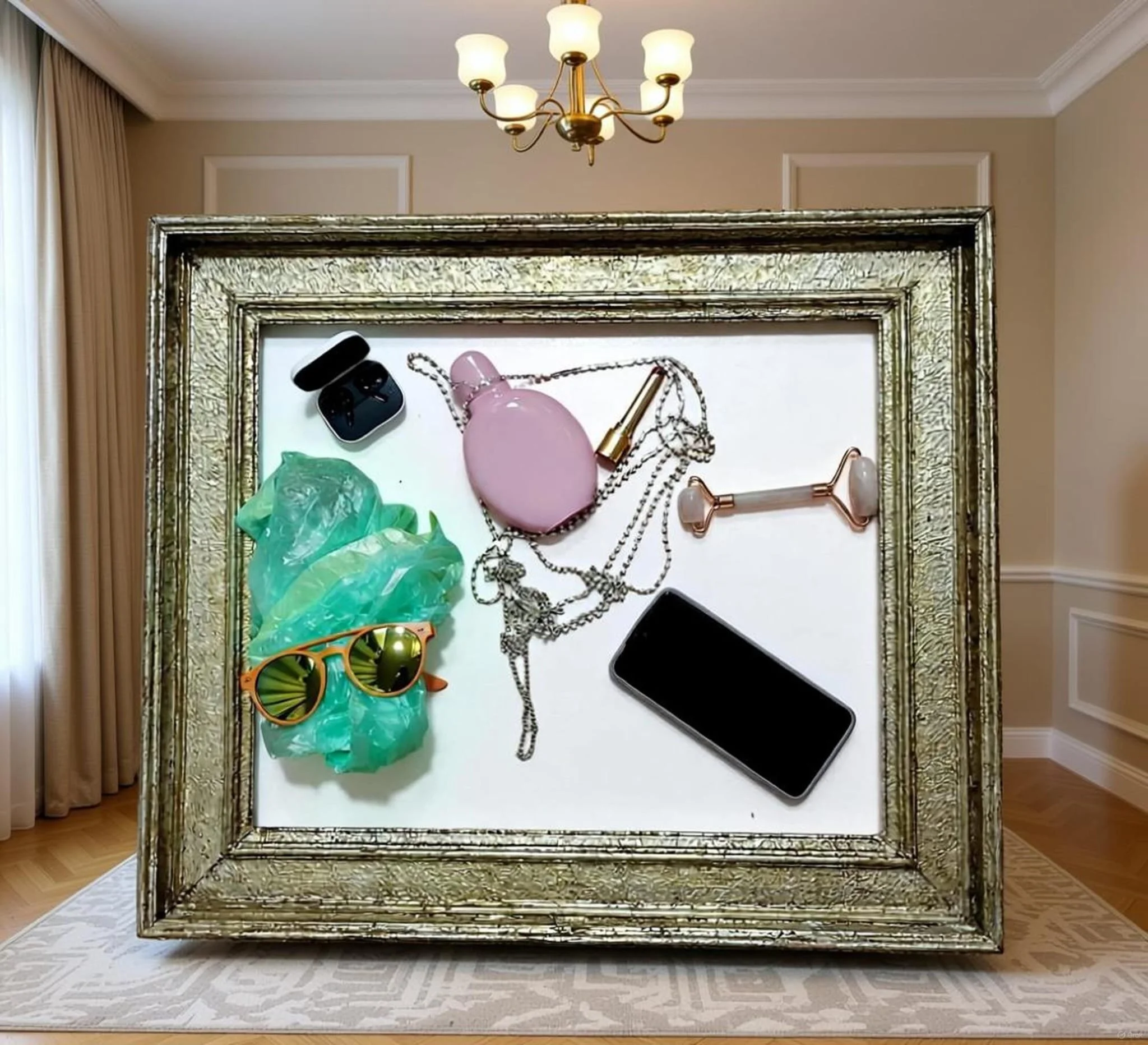 "Waste (/New Collection), Framed with care":
A gilded baroque frame, restored with reverence, now glorifies what never deserved it: plastic bags, sunglasses, lipsticks, and other glorious non-disposable beauty.